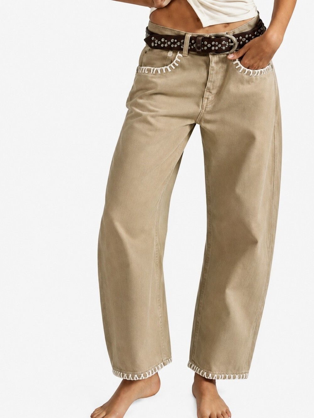 Flamingals Women’s Wide Leg Pants in Khaki with Contrast Stitching NWT Large